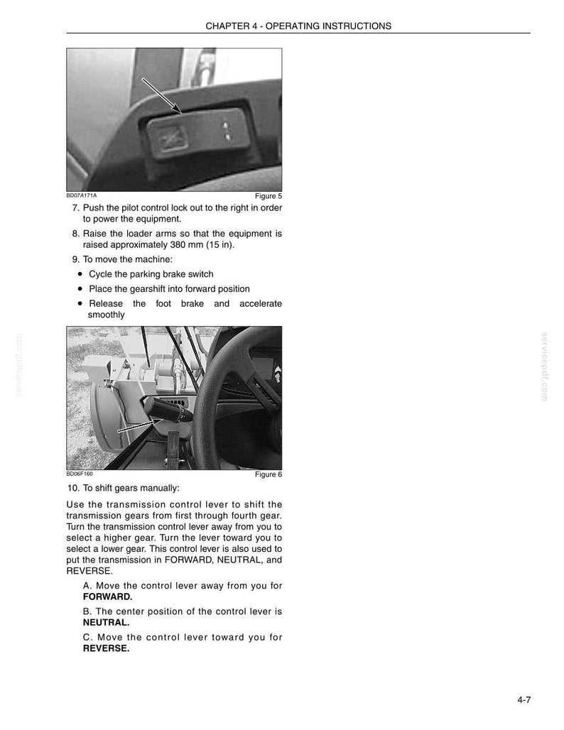 May include: Image from an operating manual showing controls and instructions for heavy machinery. Includes text about operating the equipment, including raising the loader arms approximately 15 inches and shifting gears manually.