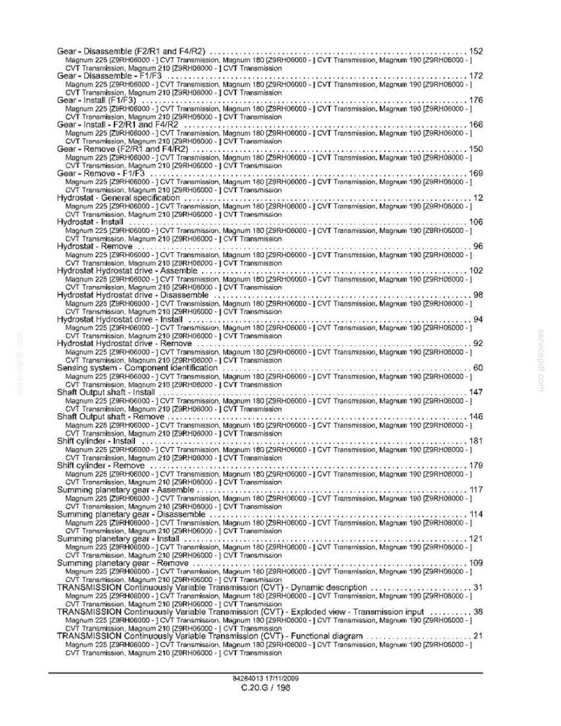 May include: A detailed technical diagram with a list of mechanical components and their functions. The document includes text such as "Gear-Disassemble", "Hydrostat", and "Transmission". The page numbers are visible.