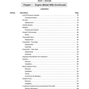 May include: A page from a manual titled "SECTION 10 - ENGINE" with a table of contents. The table lists engine-related topics such as "Oil Filter," "Cooling System," and "Crankshaft." The page number is visible on the right side.