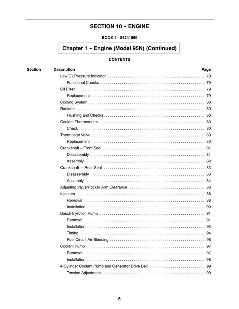 May include: A page from a manual titled "SECTION 10 - ENGINE" with a table of contents. The table lists engine-related topics such as "Oil Filter," "Cooling System," and "Crankshaft." The page number is visible on the right side.
