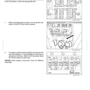 May include: Diagram of fuses and relays with instructions for replacement. Includes diagrams of fuse panels and fuse types, with amperage information. Text includes safety notices and maintenance instructions.
