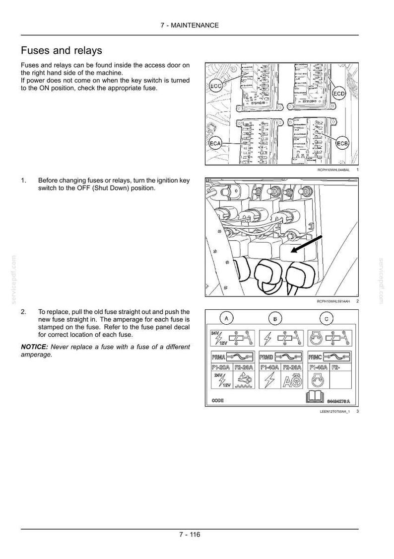May include: Diagram of fuses and relays with instructions for replacement. Includes diagrams of fuse panels and fuse types, with amperage information. Text includes safety notices and maintenance instructions.