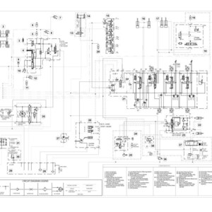 Peut inclure: Sch&eacute;ma technique d&eacute;taill&eacute; d'un syst&egrave;me hydraulique pour une chargeuse sur pneus, rendu en noir et blanc. Le sch&eacute;ma comprend de nombreux composants, lignes et &eacute;tiquettes, avec une l&eacute;gende en bas.