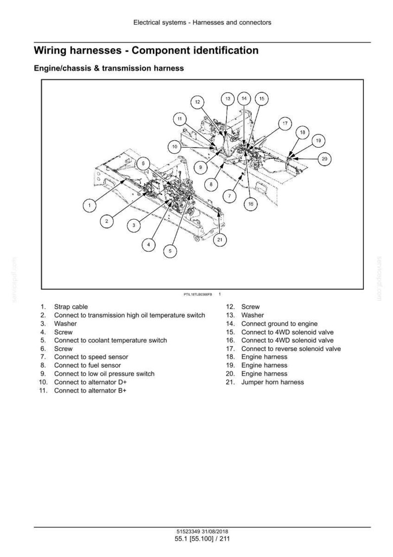 May include: Diagram of wiring harnesses for engine/chassis and transmission. Labeled components include strap cable, washers, screws, and connectors to various sensors and valves. Text at the top reads "Wiring harnesses - Component identification."