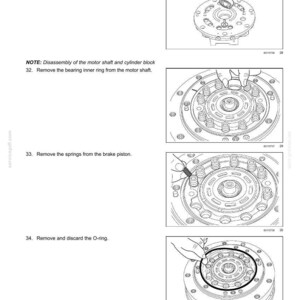 May include: Diagrams illustrating the disassembly of a hydrostatic drive pump and motor components. The images show steps like removing bearings, inner rings, springs, and O-rings. Text includes instructions and part numbers.