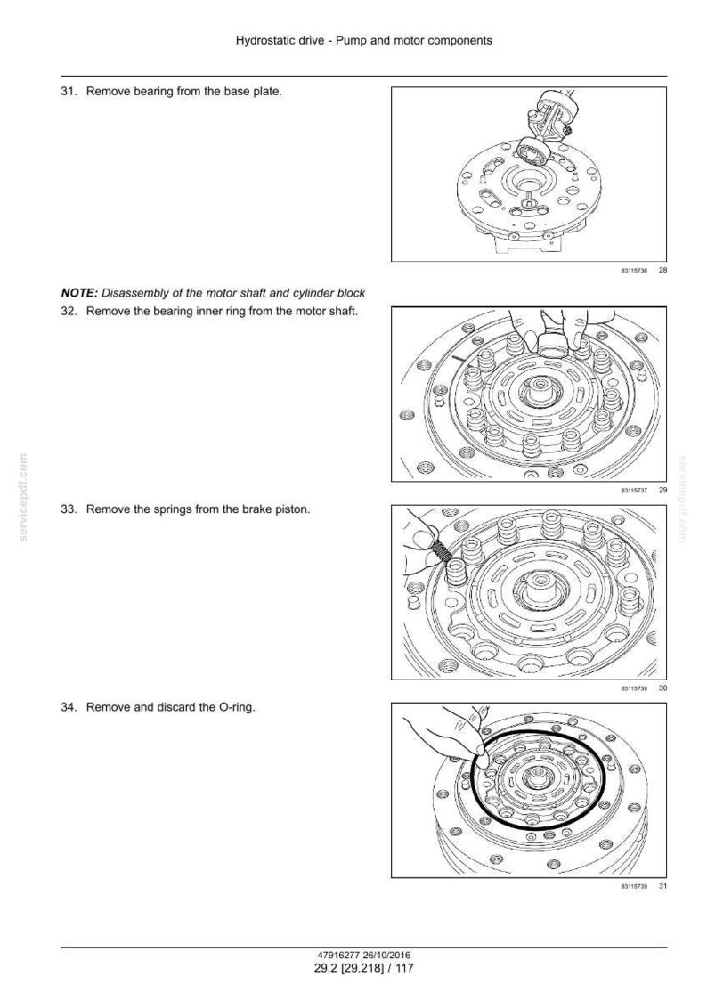 May include: Diagrams illustrating the disassembly of a hydrostatic drive pump and motor components. The images show steps like removing bearings, inner rings, springs, and O-rings. Text includes instructions and part numbers.