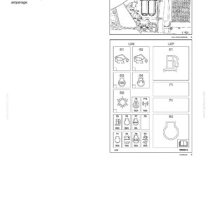 May include: A technical maintenance diagram showing fuse and relay locations in load centers LC6 and LC7. It includes a line drawing of the engine compartment and a detailed chart with icons for various electrical components and their amperage ratings.