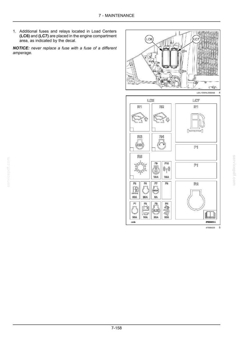 May include: A technical maintenance diagram showing fuse and relay locations in load centers LC6 and LC7. It includes a line drawing of the engine compartment and a detailed chart with icons for various electrical components and their amperage ratings.