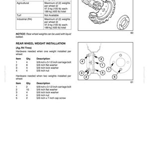 May include: A technical manual page titled Section 2 - Operation, detailing Rear Wheel Weights #710470026. It includes tables for agricultural and industrial tire weights, installation diagrams with numbered hardware parts, and lists of bolts, washers, and nuts.