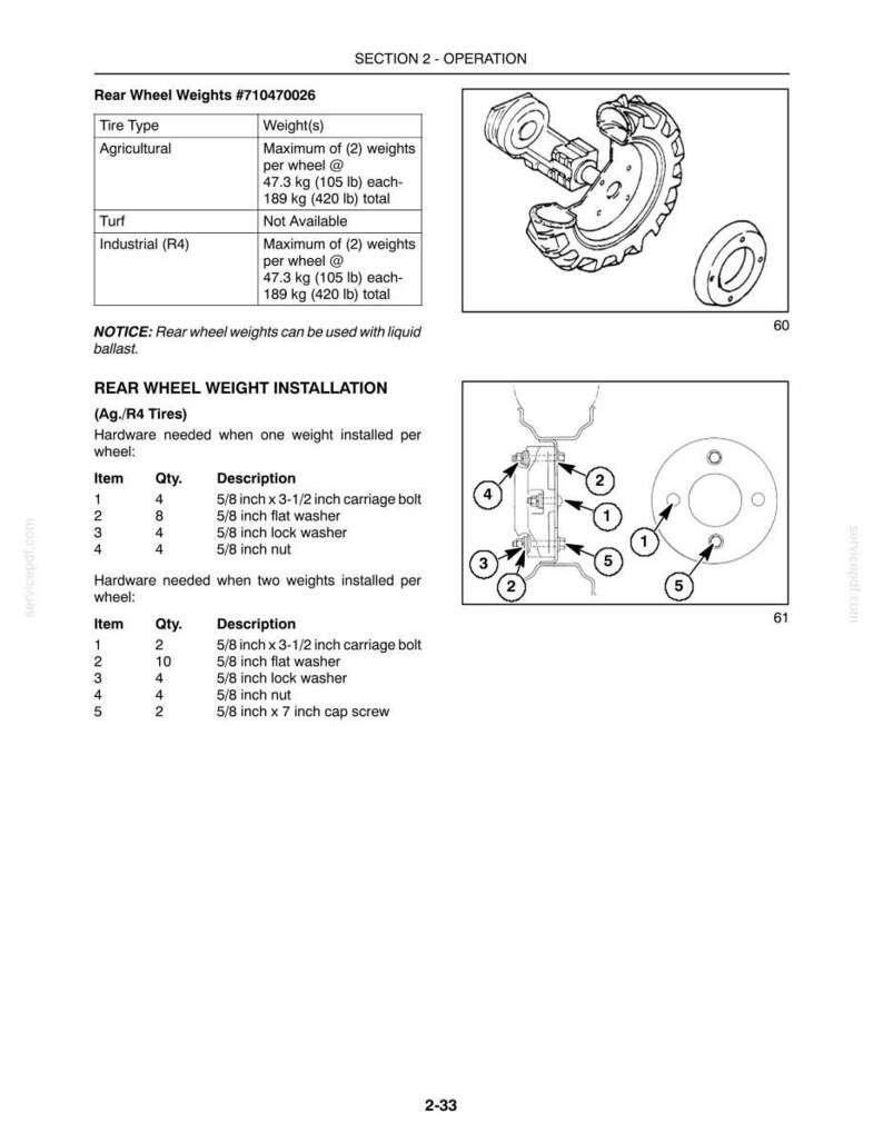 May include: A technical manual page titled Section 2 - Operation, detailing Rear Wheel Weights #710470026. It includes tables for agricultural and industrial tire weights, installation diagrams with numbered hardware parts, and lists of bolts, washers, and nuts.