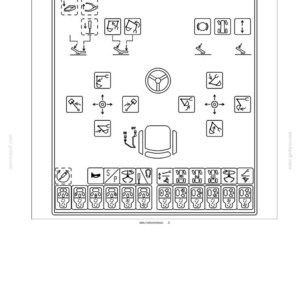 May include: Diagram of a control panel with various symbols and icons. The panel includes a steering wheel, seat, and numerous operational symbols, such as arrows, lines, and other indicators. The text "6 - WORKING OPERATIONS" is at the top.