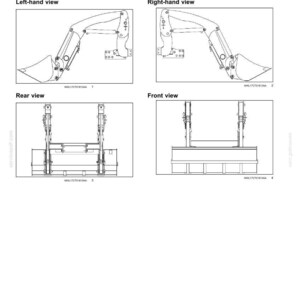 May include: A technical diagram titled 1 - GENERAL INFORMATION Machine orientation, showing four black and white line drawings of heavy machinery components labeled Left-hand view, Right-hand view, Rear view, and Front view with reference codes.