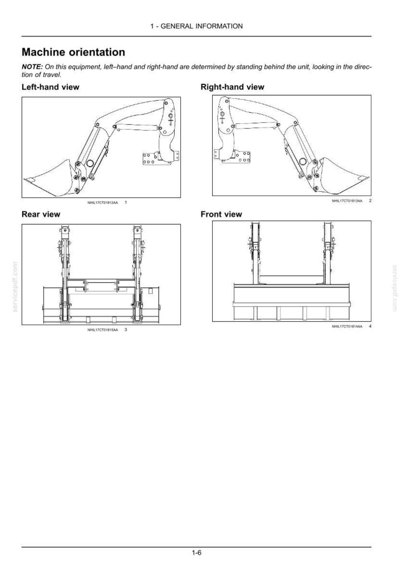 May include: A technical diagram titled 1 - GENERAL INFORMATION Machine orientation, showing four black and white line drawings of heavy machinery components labeled Left-hand view, Right-hand view, Rear view, and Front view with reference codes.