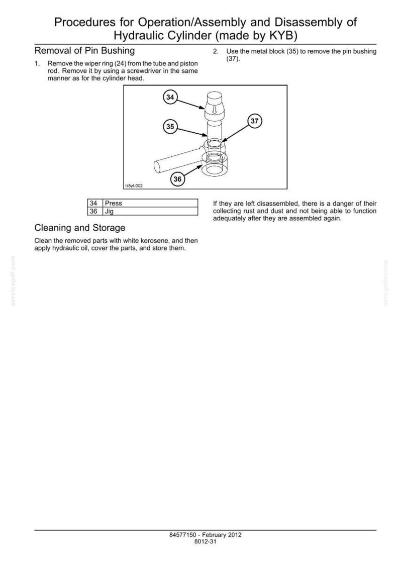 May include: Diagram illustrating hydraulic cylinder disassembly, focusing on pin bushing removal. The image features numbered components and instructions for cleaning and storage. Text includes "Procedures for Operation/Assembly and Disassembly of Hydraulic Cylinder (made by KYB)".