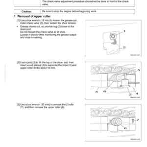 Peut inclure: Sch&eacute;ma du d&eacute;montage et de l'installation d'un rouleau sup&eacute;rieur, avec des pi&egrave;ces num&eacute;rot&eacute;es et des instructions. Comprend une cl&eacute; &agrave; douille, une soupape de contr&ocirc;le du cylindre de graisse, la tension du patin et des boulons. Le texte comprend des mises en garde et des &eacute;tapes.