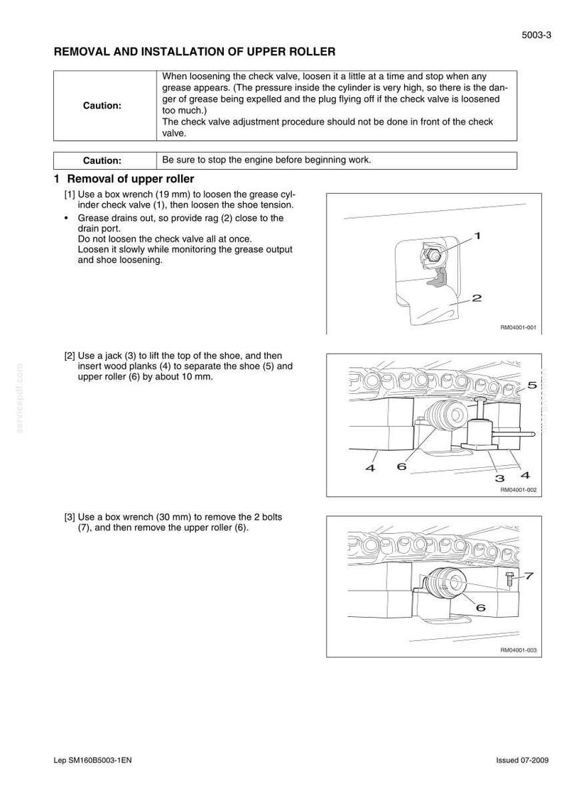 Peut inclure: Sch&eacute;ma du d&eacute;montage et de l'installation d'un rouleau sup&eacute;rieur, avec des pi&egrave;ces num&eacute;rot&eacute;es et des instructions. Comprend une cl&eacute; &agrave; douille, une soupape de contr&ocirc;le du cylindre de graisse, la tension du patin et des boulons. Le texte comprend des mises en garde et des &eacute;tapes.