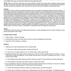Puede incluir: Informaci&oacute;n de diagn&oacute;stico para el c&oacute;digo de falla 3063, Cilindro 1 - Cortocircuito del cable del inyector (lado alto a tierra). Incluye contexto, causa, posibles modos de falla y una soluci&oacute;n. Medidas en ohmios.