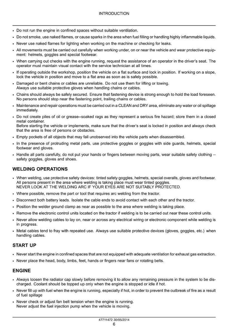 May include: A page of safety instructions with the title "INTRODUCTION" at the top. The text covers topics like engine operation, welding, and general safety precautions. The document includes warnings about fire hazards and proper equipment use.