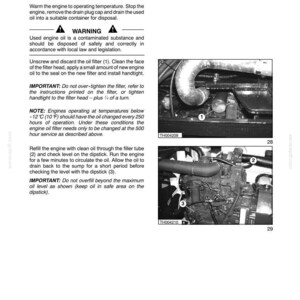 May include: Page from a maintenance manual detailing engine oil and filter changes. Includes images of engine components, with labels for the oil filter, filler tube, and dipstick. Text provides instructions for the oil change process.