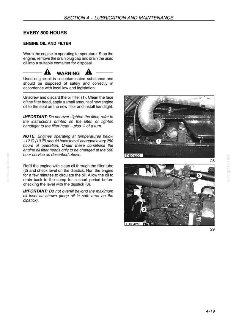 May include: Page from a maintenance manual detailing engine oil and filter changes. Includes images of engine components, with labels for the oil filter, filler tube, and dipstick. Text provides instructions for the oil change process.
