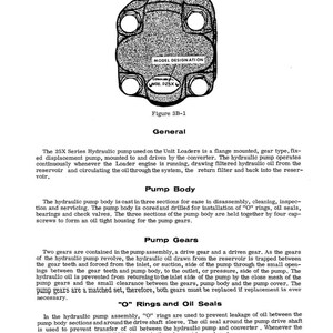 May include: An illustration of a hydraulic pump, labeled "MOD. P25X," with a detailed diagram. The pump is a gear-type, flange-mounted component used in Unit Loaders. The image includes text describing the pump's function and components.
