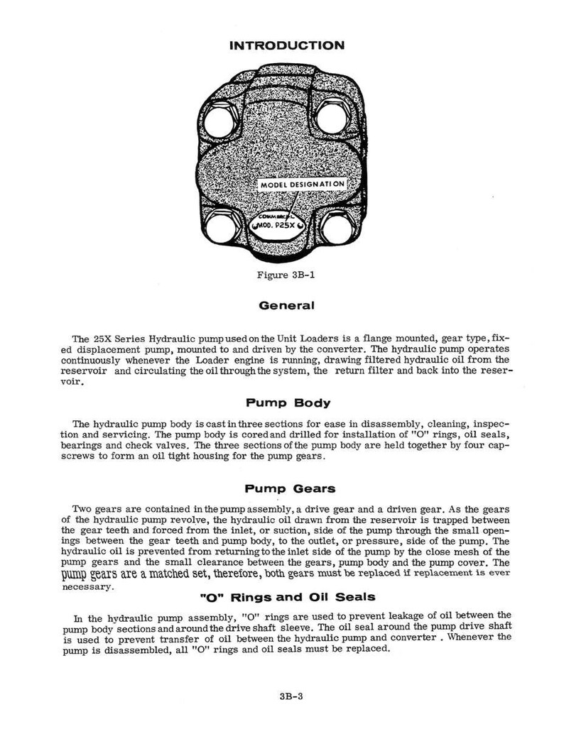 May include: An illustration of a hydraulic pump, labeled "MOD. P25X," with a detailed diagram. The pump is a gear-type, flange-mounted component used in Unit Loaders. The image includes text describing the pump's function and components.