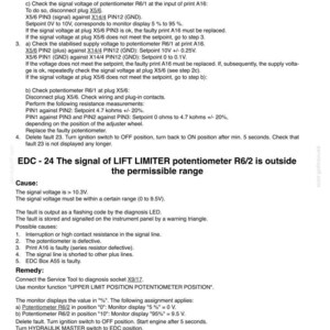 May include: A technical service document titled 4011-270 detailing diagnostic procedures for the EDC 24 lift limiter potentiometer R6/2. The text outlines signal voltage checks, fault causes, and remedy steps for electrical system maintenance.