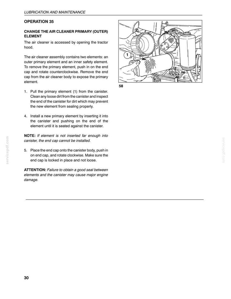 May include: A technical manual page titled LUBRICATION AND MAINTENANCE, OPERATION 35, detailing how to change the air cleaner primary outer element. It includes a black and white line drawing showing the removal of the cylindrical filter element.