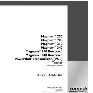 Op de afbeelding: Een witte servicehandleiding omslag met zwarte tekst. De tekst bevat "Magnum" modelnummers, "Powershift Transmission (PST) Tractor" en "SERVICE MANUAL". Het Case IH Agriculture logo staat rechtsonder.