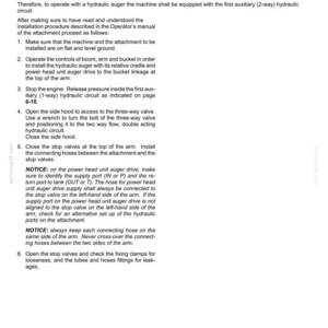K&ouml;nnte beinhalten: Eine technische Dokumentenseite mit dem Titel 9-ACCESSORIES, die den Betrieb eines hydraulischen Erdbohrers beschreibt. Der Text enth&auml;lt eine sechsschrittige Installationsanleitung zum Anschluss an den Hilfshydraulikkreis.