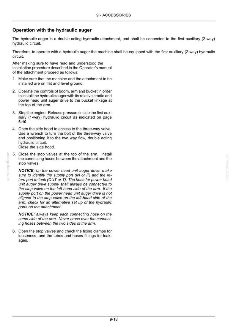 K&ouml;nnte beinhalten: Eine technische Dokumentenseite mit dem Titel 9-ACCESSORIES, die den Betrieb eines hydraulischen Erdbohrers beschreibt. Der Text enth&auml;lt eine sechsschrittige Installationsanleitung zum Anschluss an den Hilfshydraulikkreis.