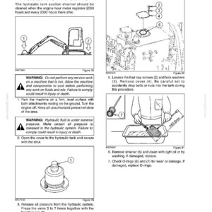 Peut inclure: Diagramme technique d&eacute;taillant l'entretien du syst&egrave;me hydraulique. L'image comprend des illustrations de composants de machines, des instructions et des avertissements. Le texte explique les proc&eacute;dures de nettoyage des filtres, de v&eacute;rification des joints toriques et de d&eacute;compression. Les mesures sont en millim&egrave;tres.