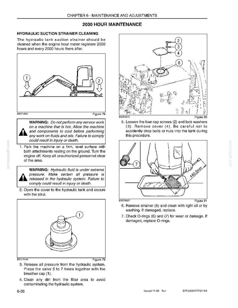 Peut inclure: Diagramme technique d&eacute;taillant l'entretien du syst&egrave;me hydraulique. L'image comprend des illustrations de composants de machines, des instructions et des avertissements. Le texte explique les proc&eacute;dures de nettoyage des filtres, de v&eacute;rification des joints toriques et de d&eacute;compression. Les mesures sont en millim&egrave;tres.