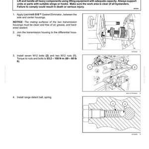 May include: Diagram of transmission housing installation with instructions. Includes illustrations of applying gasket eliminator, joining housings, installing bolts and nuts, and installing a range detent ball and spring. Text includes warnings about heavy objects.