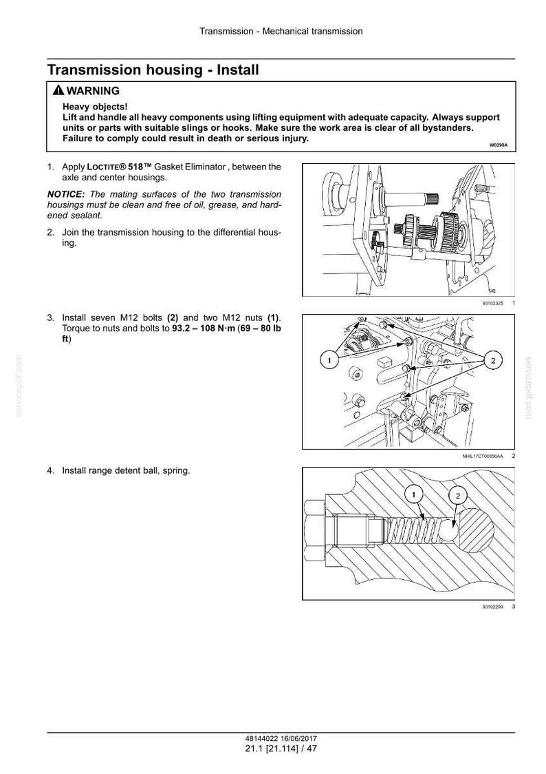 May include: Diagram of transmission housing installation with instructions. Includes illustrations of applying gasket eliminator, joining housings, installing bolts and nuts, and installing a range detent ball and spring. Text includes warnings about heavy objects.