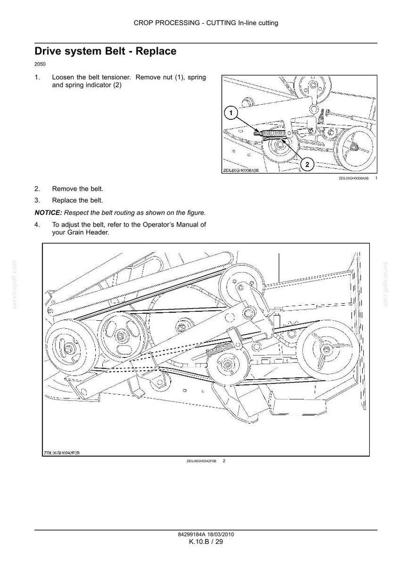 May include: Diagram of a drive system belt replacement procedure. The image includes detailed illustrations of the belt, pulleys, and related components, with numbered steps and labels for clarity. Text instructions are also included.