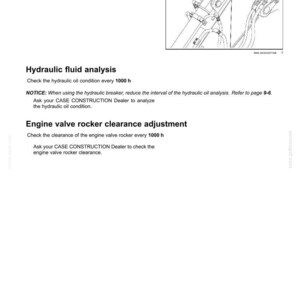 May include: Page from a maintenance manual with the title "6 - MAINTENANCE." The page includes a diagram of machinery components with an arrow pointing to a grease fitting. Text describes hydraulic fluid analysis and engine valve rocker clearance adjustment.
