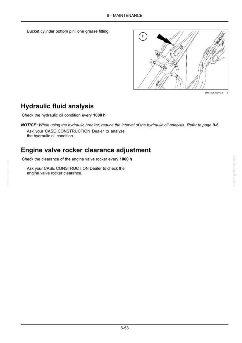 May include: Page from a maintenance manual with the title "6 - MAINTENANCE." The page includes a diagram of machinery components with an arrow pointing to a grease fitting. Text describes hydraulic fluid analysis and engine valve rocker clearance adjustment.
