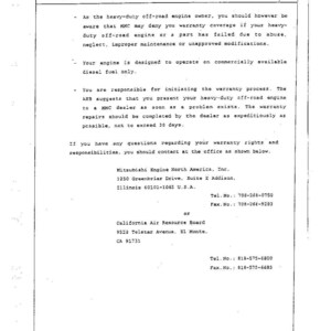 Peut inclure: Un document en noir et blanc intitul&eacute; California Emission Control Warranty Statement, page 2/2. Il d&eacute;crit la couverture de la garantie, les responsabilit&eacute;s d'entretien et les coordonn&eacute;es de Mitsubishi Engine North America, Inc. et du California Air Resource Board.