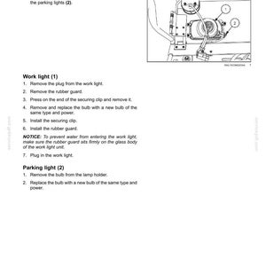 May include: Diagram illustrating the maintenance of front work lights and parking lights. The image includes numbered steps for replacing bulbs, with close-up views of the components. Text instructions are provided.