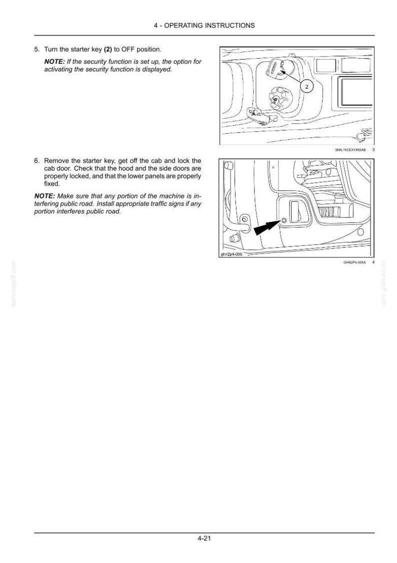 May include: Diagram of vehicle operating instructions. The image shows a dashboard with a key and a door panel with an arrow pointing to a component. Text includes instructions for turning the starter key to the OFF position and removing the key.