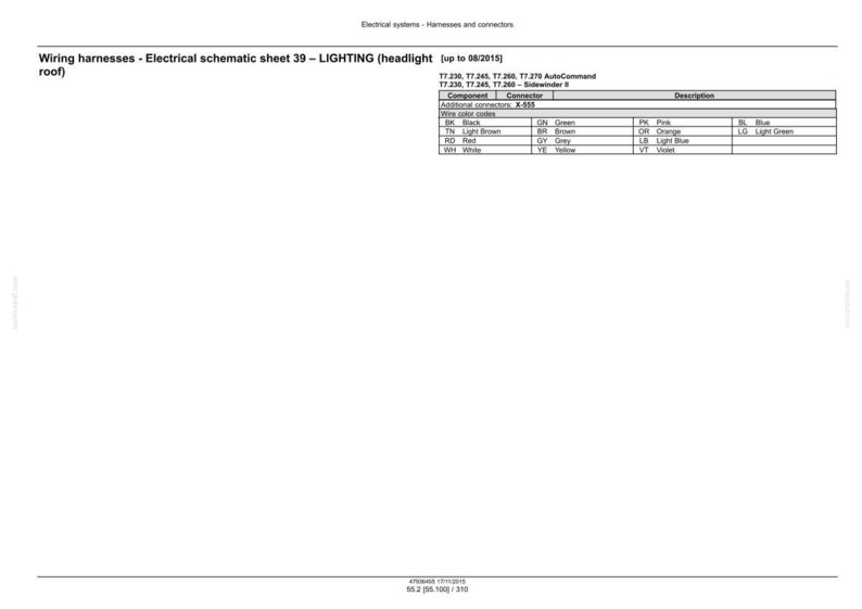 May include: A white schematic diagram detailing wiring harnesses for vehicle lighting systems. The document includes component and connector information, with color codes for wires. Text includes "Wiring harnesses - Electrical schematic sheet 39 - LIGHTING (headlight (up to 08/2015) roof)".