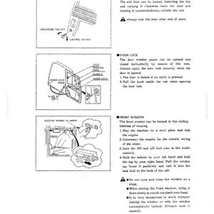May include: A technical manual page titled CAB featuring black and white line drawings. It provides instructions for locking and unlocking the cab door, operating the door lock, and housing the front window in the ceiling with detailed diagrams.