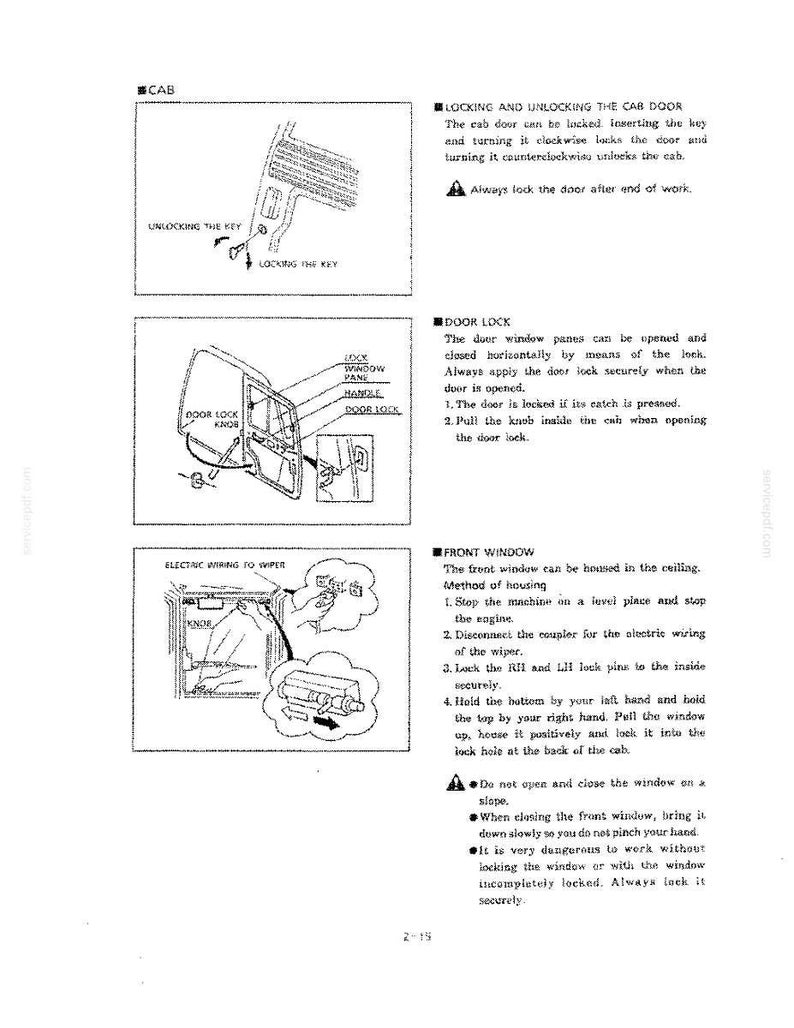 May include: A technical manual page titled CAB featuring black and white line drawings. It provides instructions for locking and unlocking the cab door, operating the door lock, and housing the front window in the ceiling with detailed diagrams.