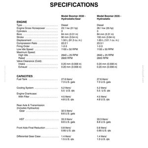 Puede incluir: Un documento de especificaciones t&eacute;cnicas titulado Section 4 Specifications, que detalla los datos del motor y las capacidades de los modelos de tractor Boomer 2030 y 2035. Enumera las m&eacute;tricas del motor di&eacute;sel, incluyendo potencia, di&aacute;metro, carrera y cilindrada.