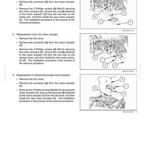 May include: Diagrams and instructions for replacing a motor actuator in a vehicle's HVAC system. Includes steps for mode, air mix, and refresh/recirculate motor actuator replacements, with numbered components.