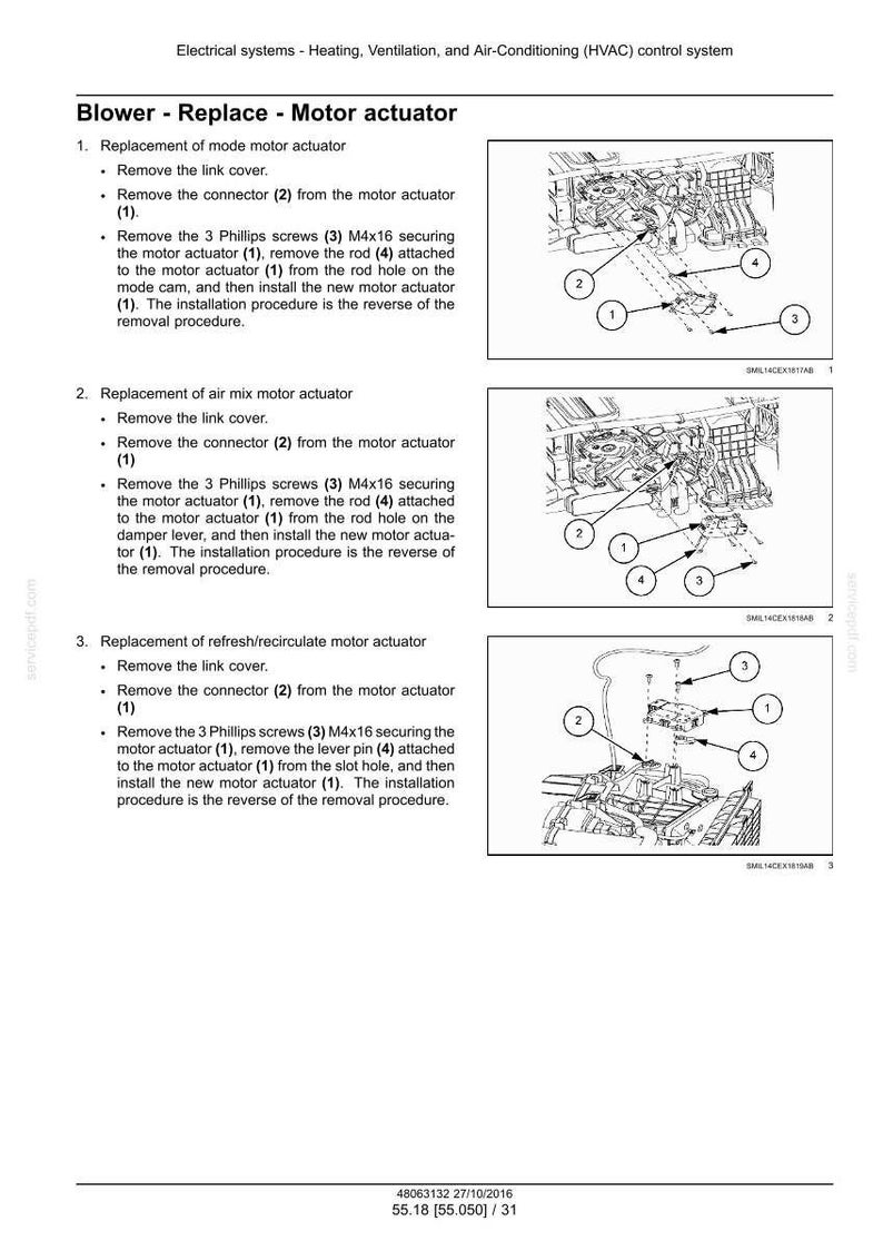 May include: Diagrams and instructions for replacing a motor actuator in a vehicle's HVAC system. Includes steps for mode, air mix, and refresh/recirculate motor actuator replacements, with numbered components.