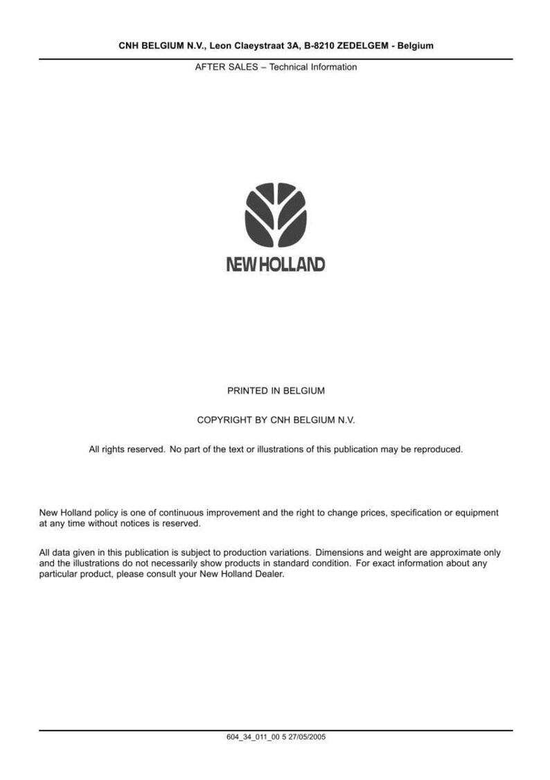May include: A white document with the New Holland logo, a stylized leaf design, and the text "NEW HOLLAND". The document includes text about after-sales technical information and copyright details.