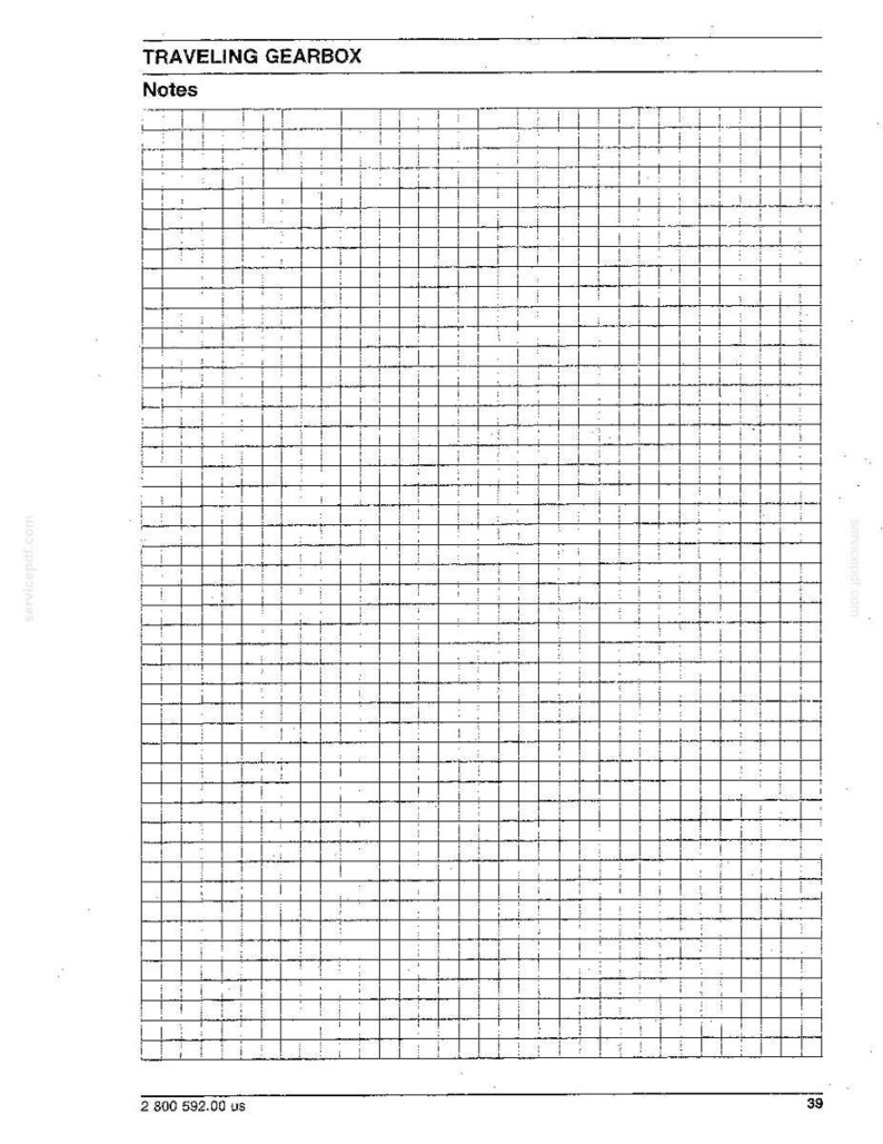 May include: A white sheet of paper with a grid pattern, labeled "TRAVELING GEARBOX" and "Notes" at the top. The bottom of the page has the text "2 800 592.00 us" and the number "39".