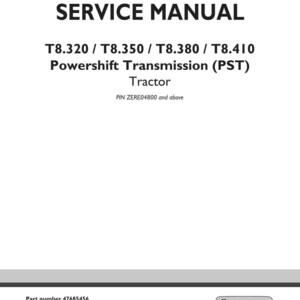 May include: A white service manual cover with black text. The title reads "SERVICE MANUAL" above the model numbers T8.320, T8.350, T8.380, and T8.410. The text "Powershift Transmission (PST) Tractor" is also visible. The New Holland Agriculture logo is in the bottom right.